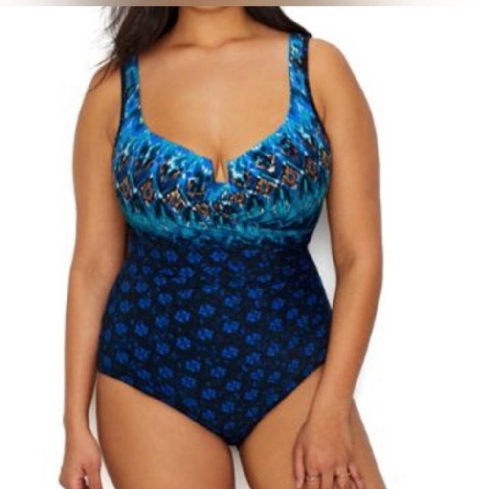 Miraclesuit Escape Teal Geomtric Sunset Cay Plus Size Swimsuit nwt 20w Underwire